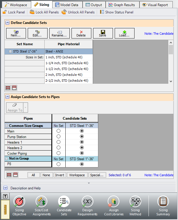 The Candidate Sets panel of the Sizing window fully defined for the model.